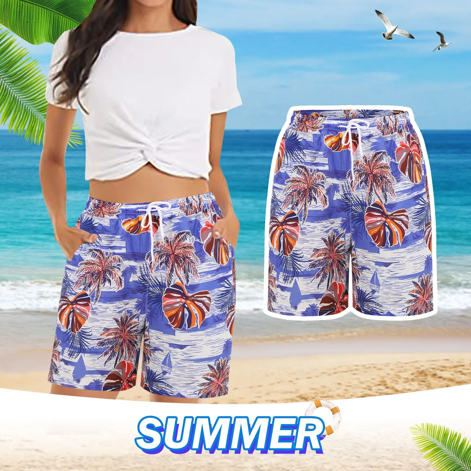 Comfy Beach Ladies Shorts Elastic Waist Floral Print Trousers With Pockets Summer Pants Fashionable Women\'s Shorts Drawstring