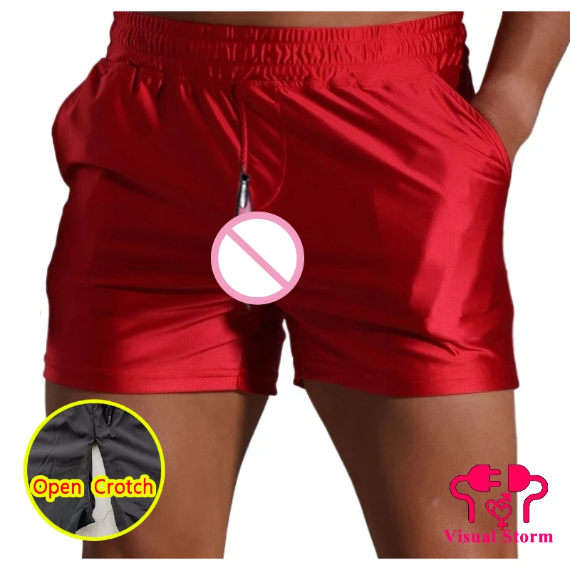Men Open Crotch Casual Shorts Imitation Silk Satin Smooth Feel Loungewear Outdoor Easy Crotchless Clubwear 4XL Breathable Trunks