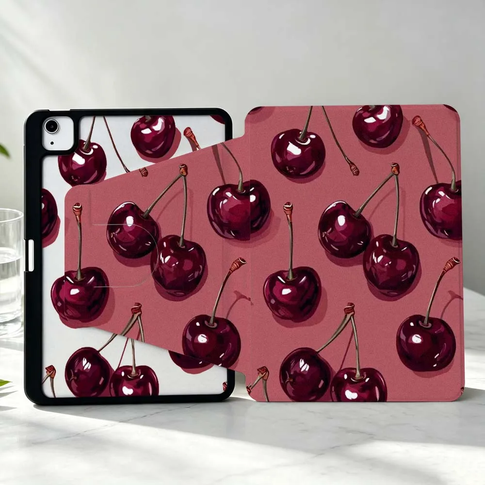 Luxury Red Cherry Pattern For iPad Pro Air mini 6 5 4 12th M5 M4 M3 M2 A16 A17Pro 360° Rotation Stylus Storage Tablet Case Soft