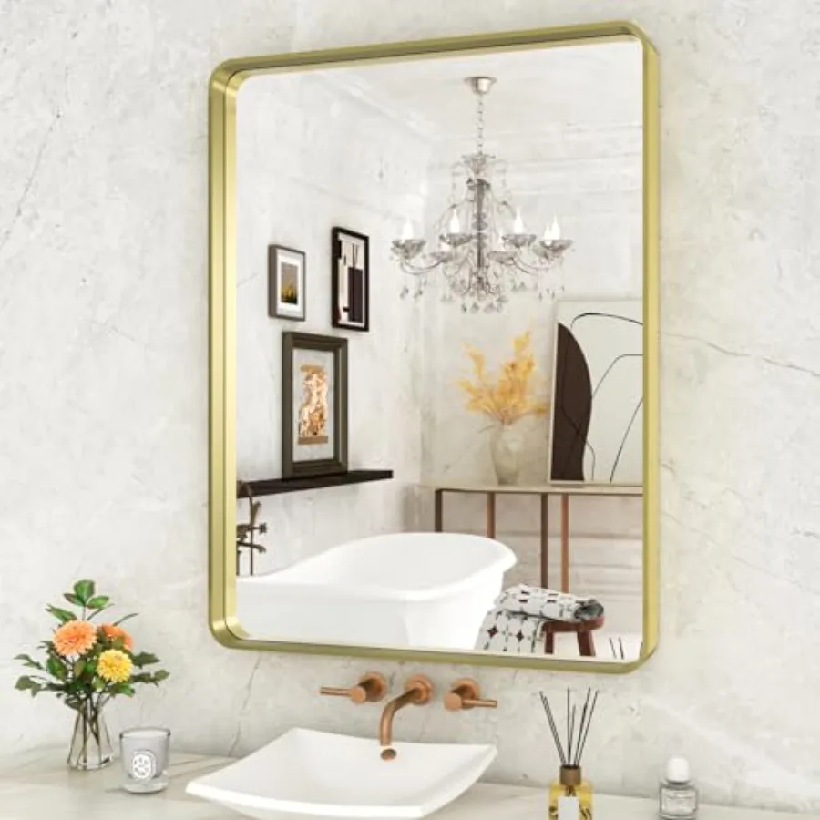 

Bathroom Mirror 24X32 Inch Brushed Metal Frame Mirror Rounded Rectangle Bathroom Vanity Mirror for Wall Tempered Glass Anti-Rus