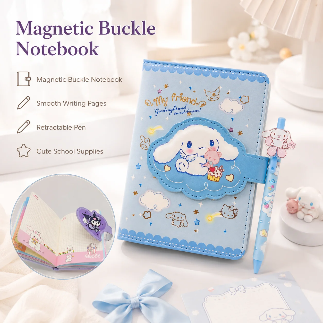 Sanrio Cute Melody Student Magnetic PU Leather Notebook Hand Ledger Notepad With Pen Stationery Gift Set Grid Inner Page Journal view 2