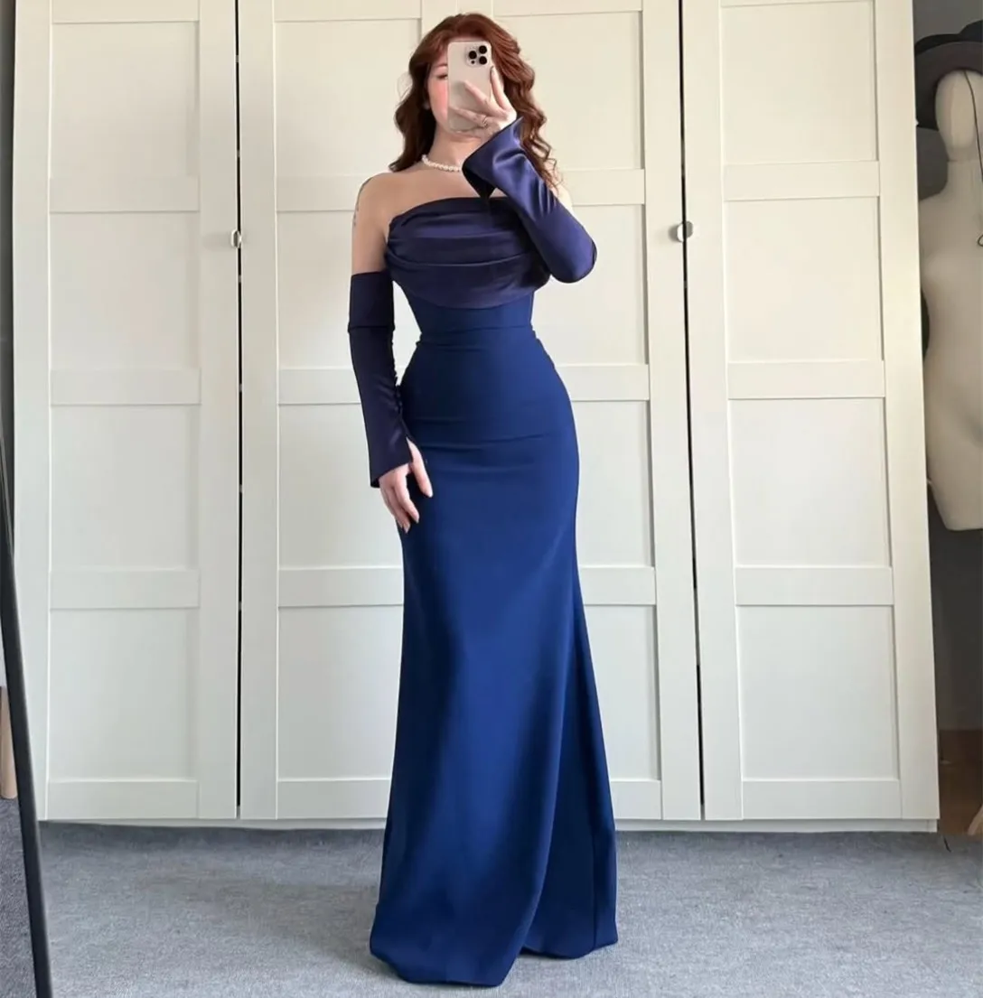 

Customized Long Blue Crepe Evening Dresses Pleated Mermaid حزب اللباس Floor Length Zipper Back Prom Dresses for Women