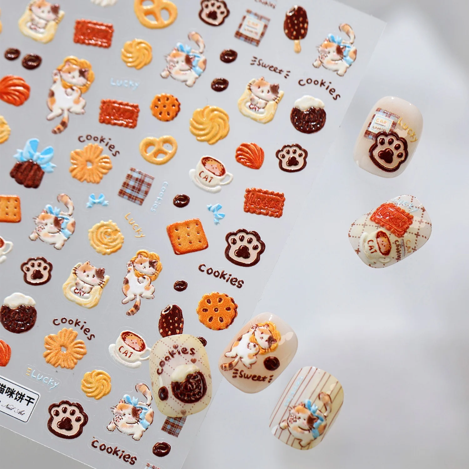 Cartoon Orange Cat Cookies Chocolate Ice Cream Check Towel Cup Paw Sweet 5D Nail Art Stickers Self Adhesive Decals Manicure DIY