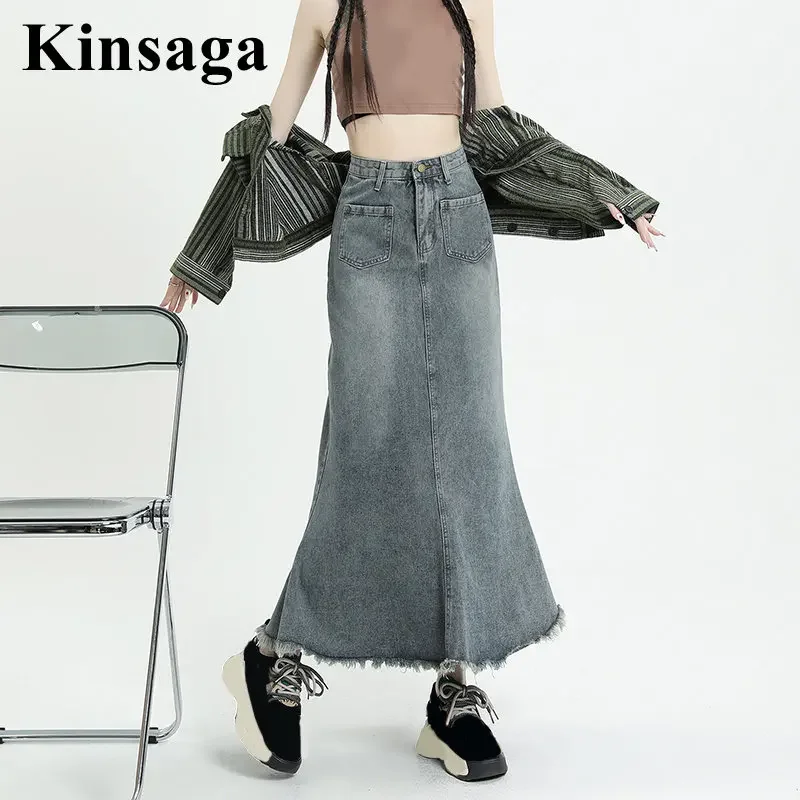 

Street Women Ripped Fringe Tassel Hem Ankle Length Mermaid Jean Skirt 4XL Summer Y2K Girl Retro Mid-Calf Long Jupe Denim Skirt