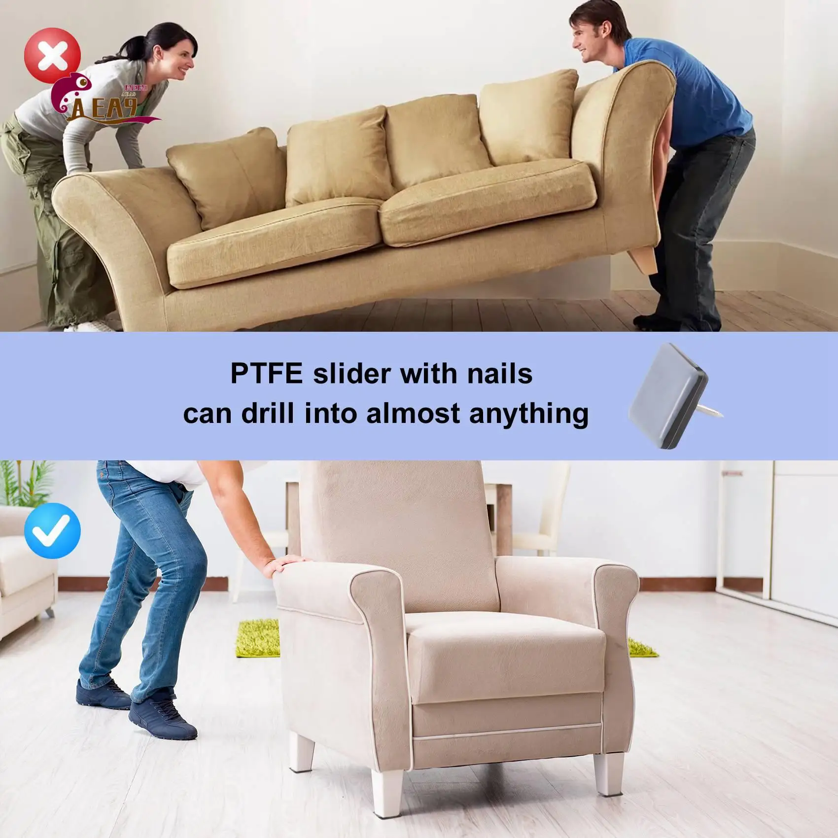 AEA9-20Pcs Chair Glides Furniture Sliders PTFE Easy Moving Pads Square With Nail Feet Protector For Hardwood Floor