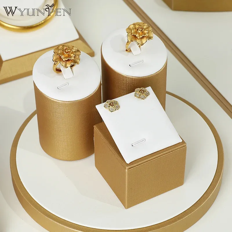 

Gold White Brushed Leather Jewelry Display Tray, Luxury Velvet Riser for Necklace Bracelet Ring, High-end Countertop Showcase