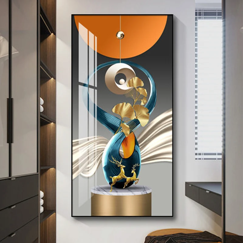 Modern Golden Deer Abstract 3d Geometry Luxury Wall Art Canvas Painting Nordic Leaf Poster Print Pictures for Living Room Decor