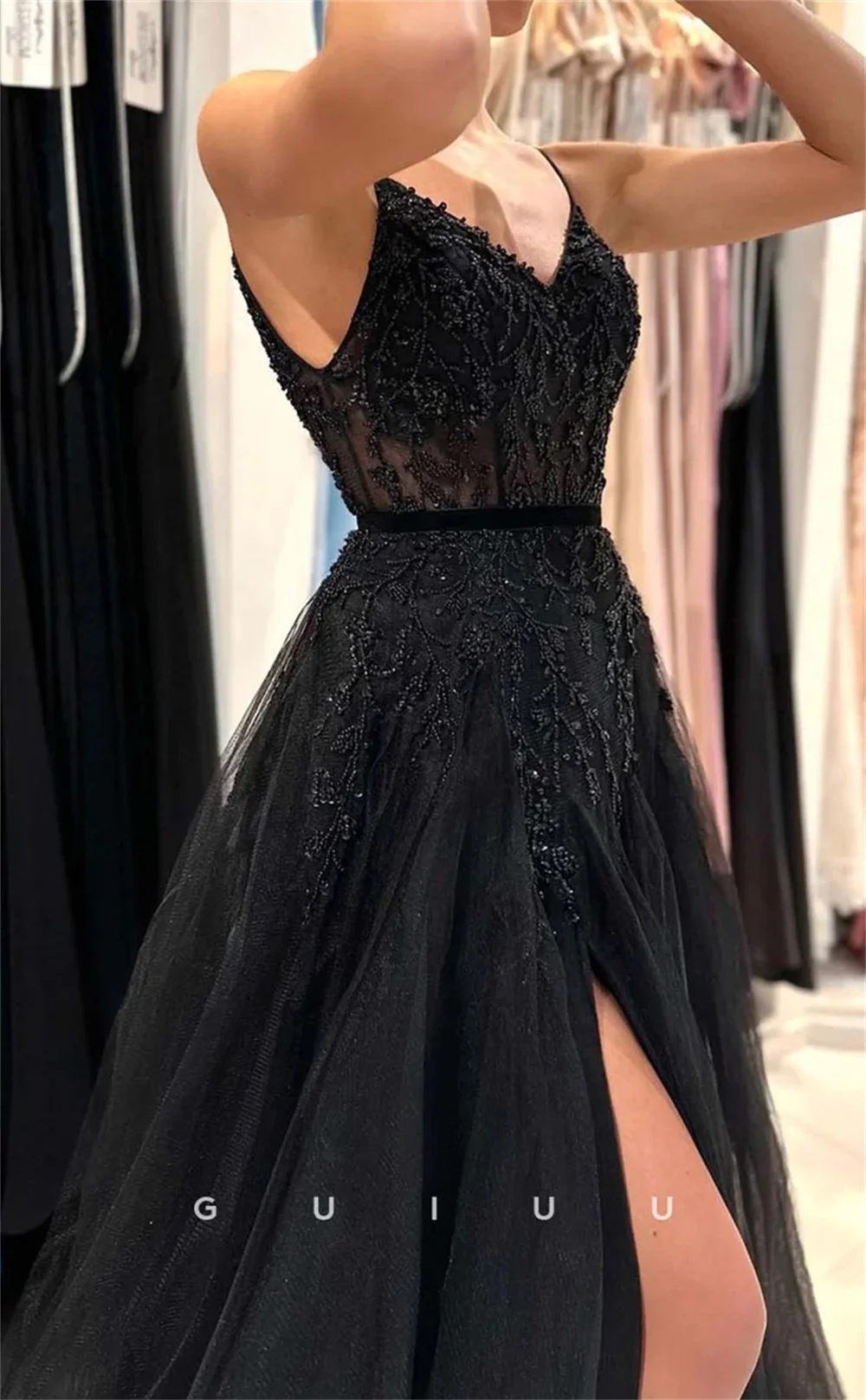 Sansa Black Tulle Prom Dresses Spaghetti Strap A-line vestidos de noche Elegant Sleeveless Sexy Side Split Formal Evening 2024