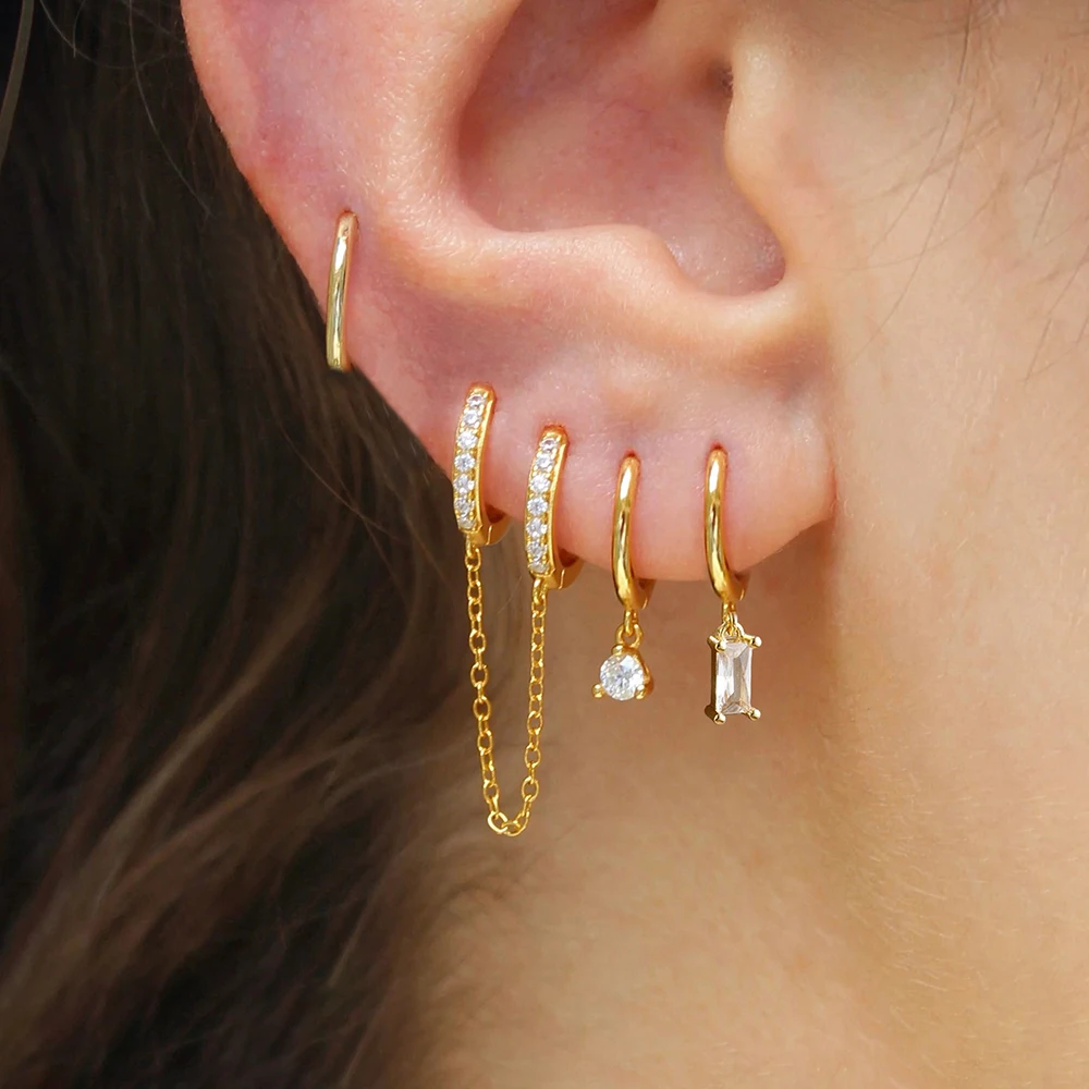 4PCS Exquisite Stainless Steel Long Chain Pendant Earrings Set for Woman Little Huggies Hoop Earrings Cartilage Piercing Jewelry