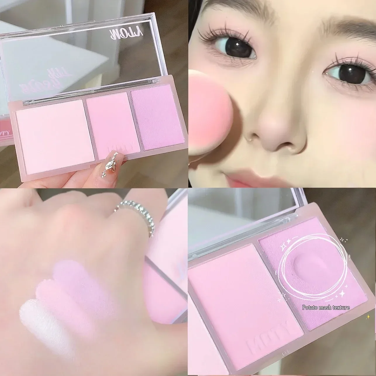 3 Colors Blush Palette - Pink Taro Purple Matte Waterproof Blusher Face Makeup with Mashed Potato Texture Highlight Powder