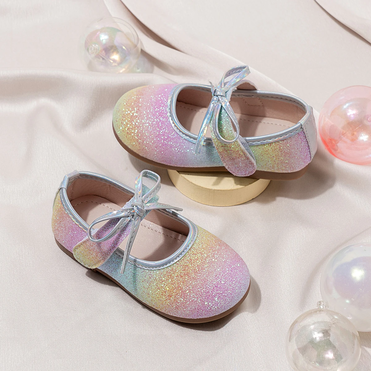 Summer Girl's Princess Shoes Bowknot Round Toe Hook-loop Bling Kid's Flat Shoe Colorful Anti-slip Chic Sweet Children Shoe 4-6Y