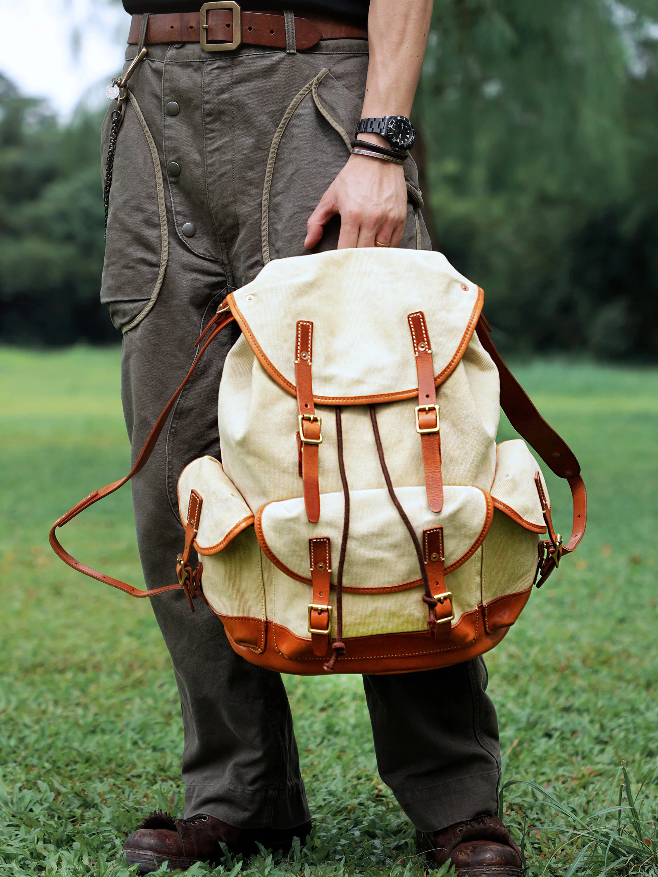 

Vintage designer handmade canvas genuine leather men's large-capacity backpacks casual travel luxury multi-pocket schoolbags