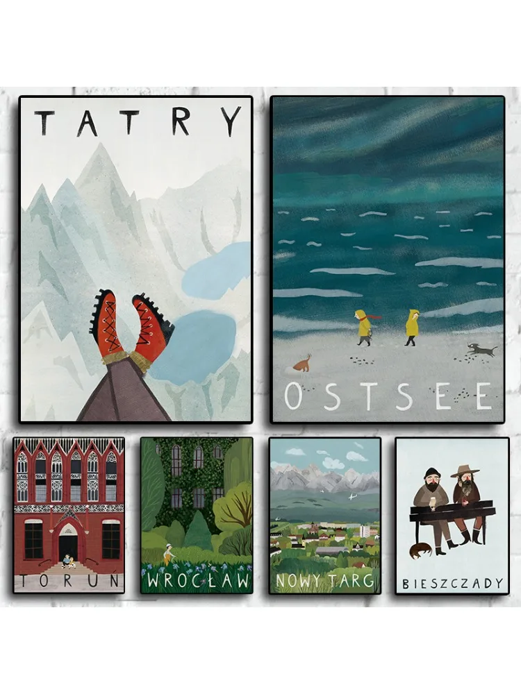 Poland Travel Tatra Mountains Baltic krajobraz morski kreskówka plakat na płótnie obraz na płótnie w stylu nordyckiej ściany dekoracja domu pokoju dziecięcego — 2
