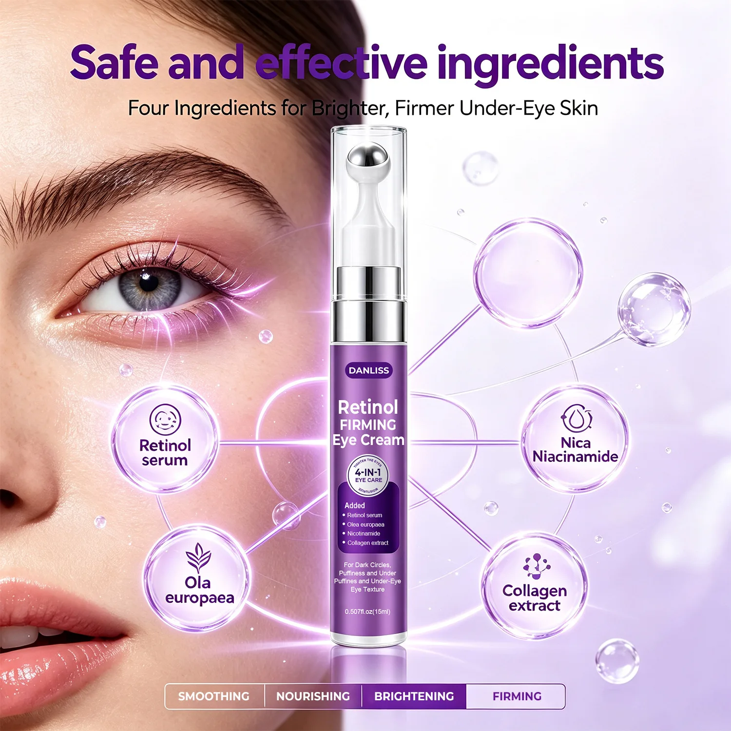 Retinol Firming Eye Cream with Roller Ball - 4-in-1 Brightening & Anti-Aging Solution for Dark Circles, Puffiness & Fine Lines.