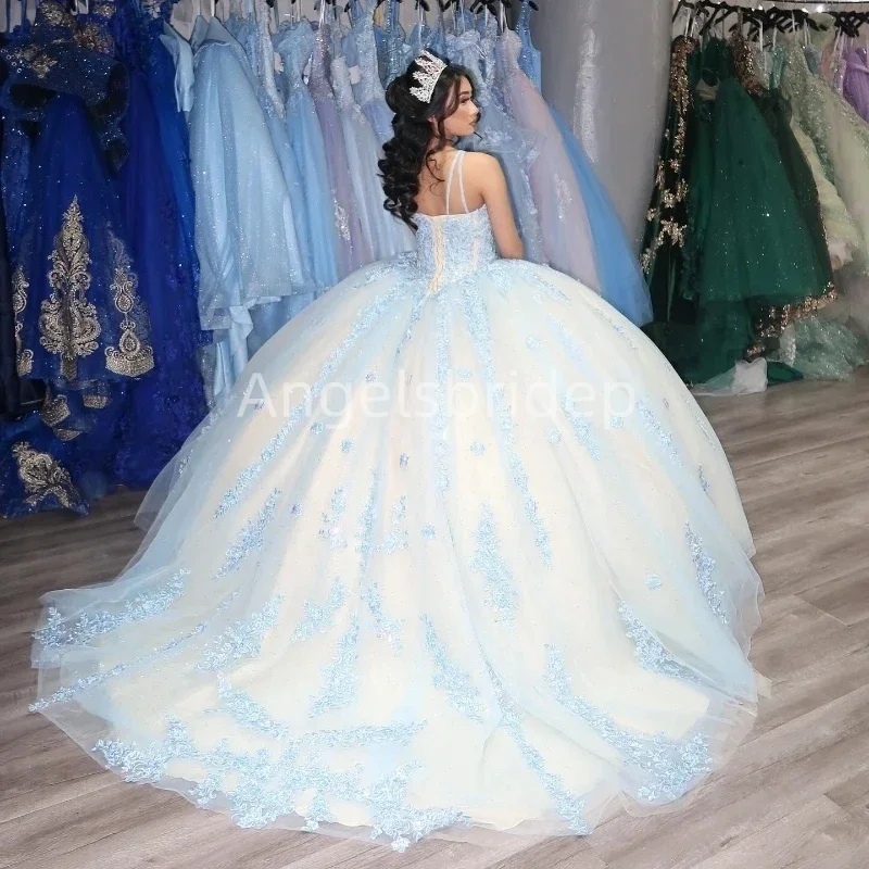 Angelsbridep ชุดเดรสชุดไปงานเต้นรำสีน้ำเงินหรูหรา2025ฟ้า quinceanera สายสปาเก็ตตี้ชุดเดรสปาร์ตี้ vestidos 15 años quinceañera