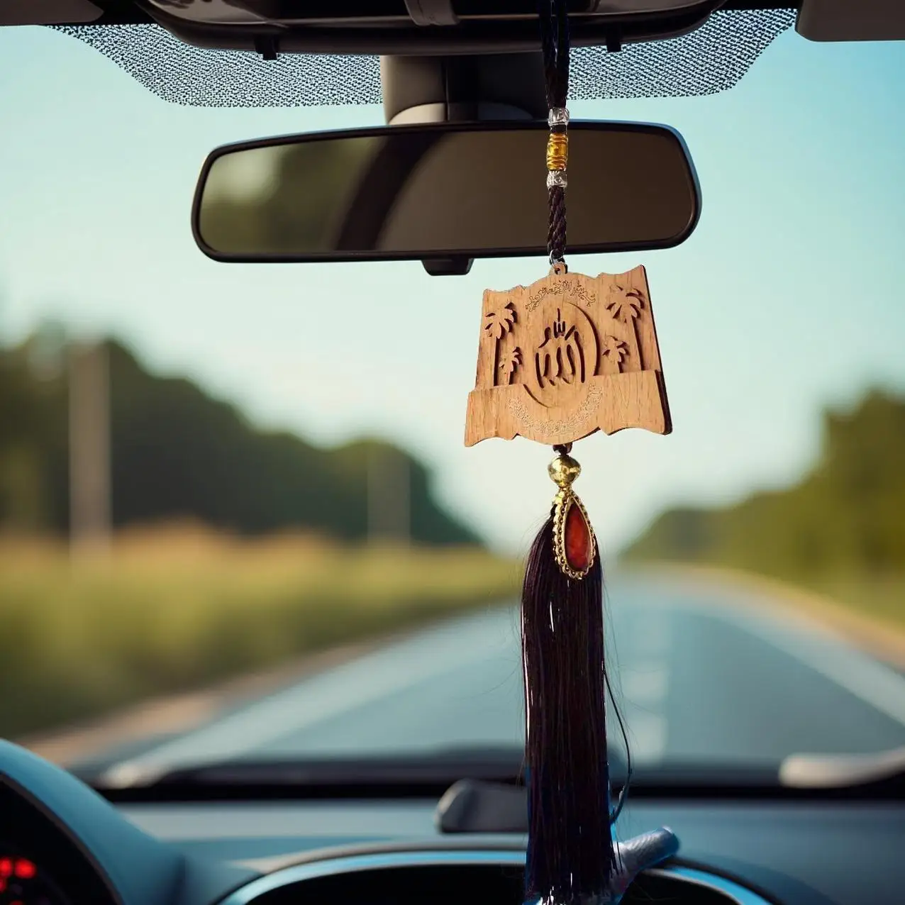 Muslim Car Rearview Mirror Hanging Ornament Wood Look Pendant with Tassel Islamic Decoration