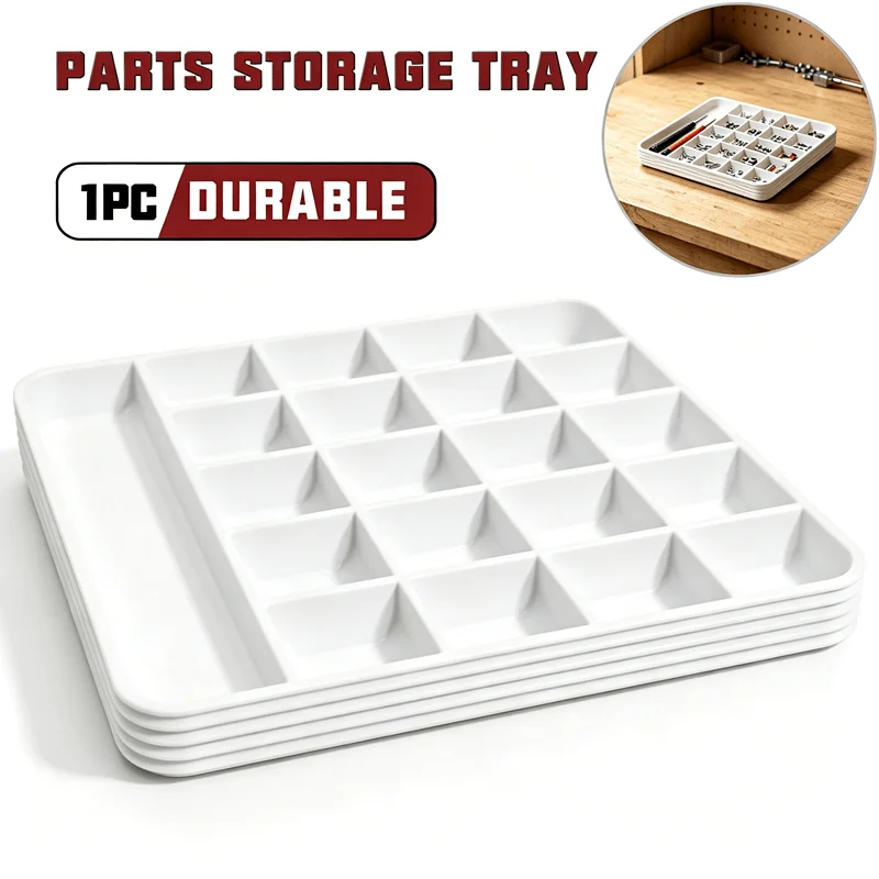 1 White Multi-Compartment Parts Storage Tray – Integrated sorting tool, independent compartments for screws & desk organization.