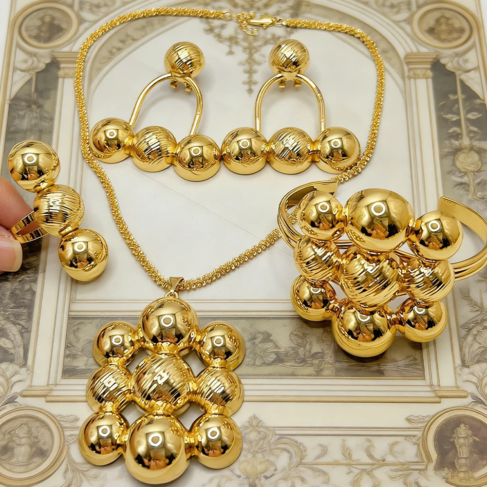 

Classic Large Necklace Earrings Bangle Ring Set for Ladies African Women's Jewelry Luxury Gold Color Jewelry Set for Daily Wear