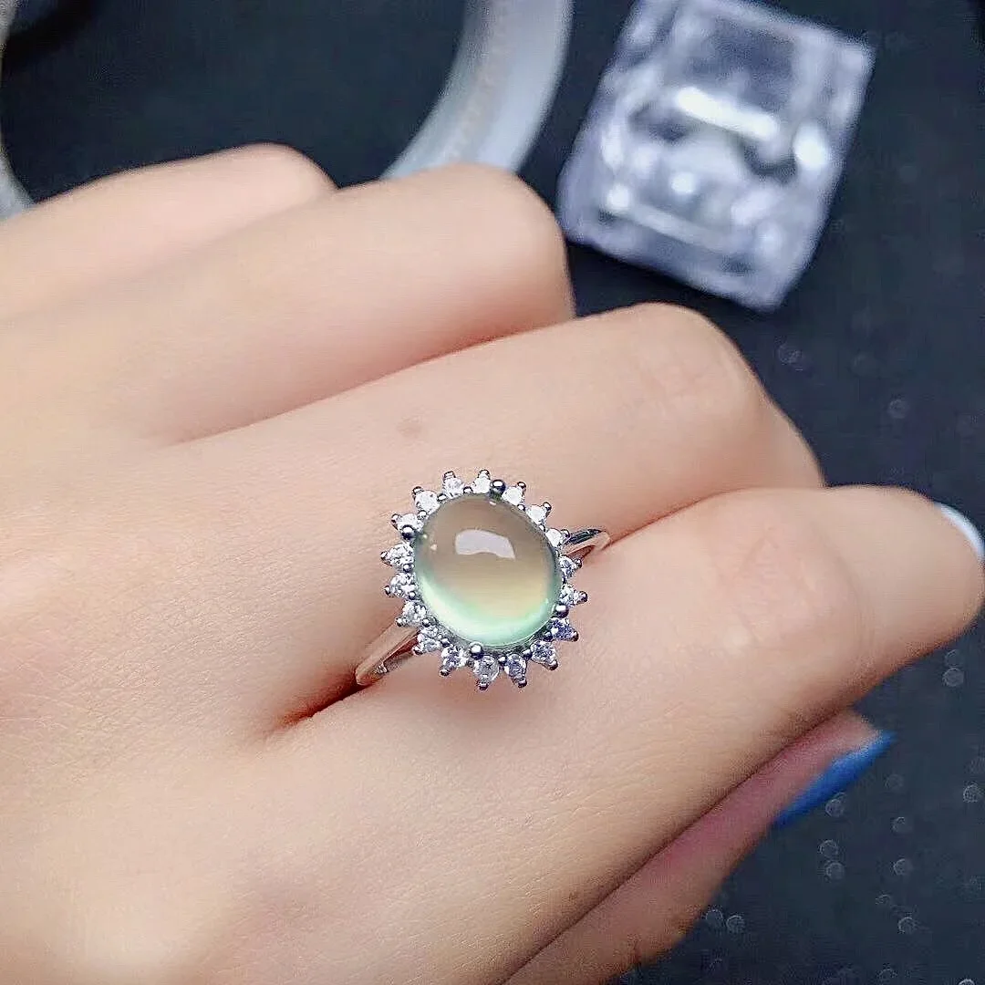 Classic Prehnite Silver Ring for Daily Wear 7mm*9mm Natural Prehnite Ring Solid 925 Silver Prehnite Jewelry