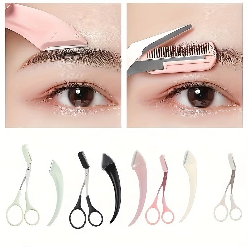 2PCS Eyebrow Grooming Kit - Rust-Resistant Stainless Steel Straight/Curved Razors + Comb-Attached Scissors,Beginner-Friendly 