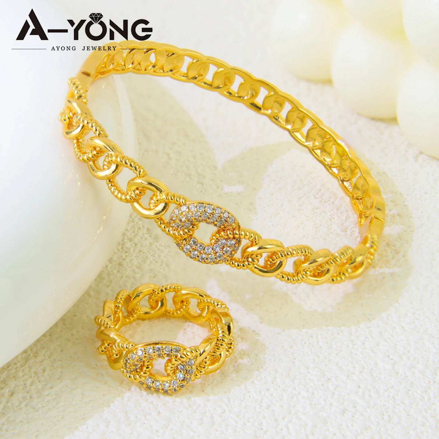 Fashion Dubai Gold Plated Bracelet Ring Set 21k Gold Color Italian Zircon Cuff Bangles Arab Luxury Women Event Party Jewelry