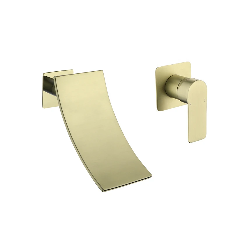 Brushed Gold Wall Mounted Bathroom Sink Faucet Waterfall Bathroom Faucet