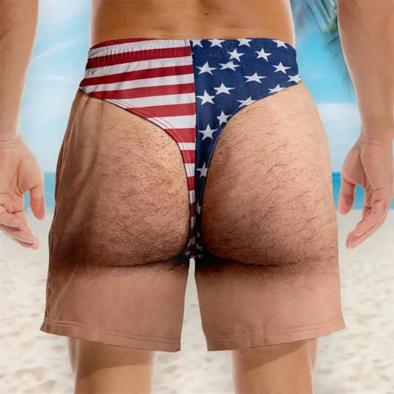 Funny Us Flag Fake Briefs 3d Beach Shorts Realistic Hairy Legs Novelty 4th Of July Patriotic Costume Summer Pool Party Gag Gifts