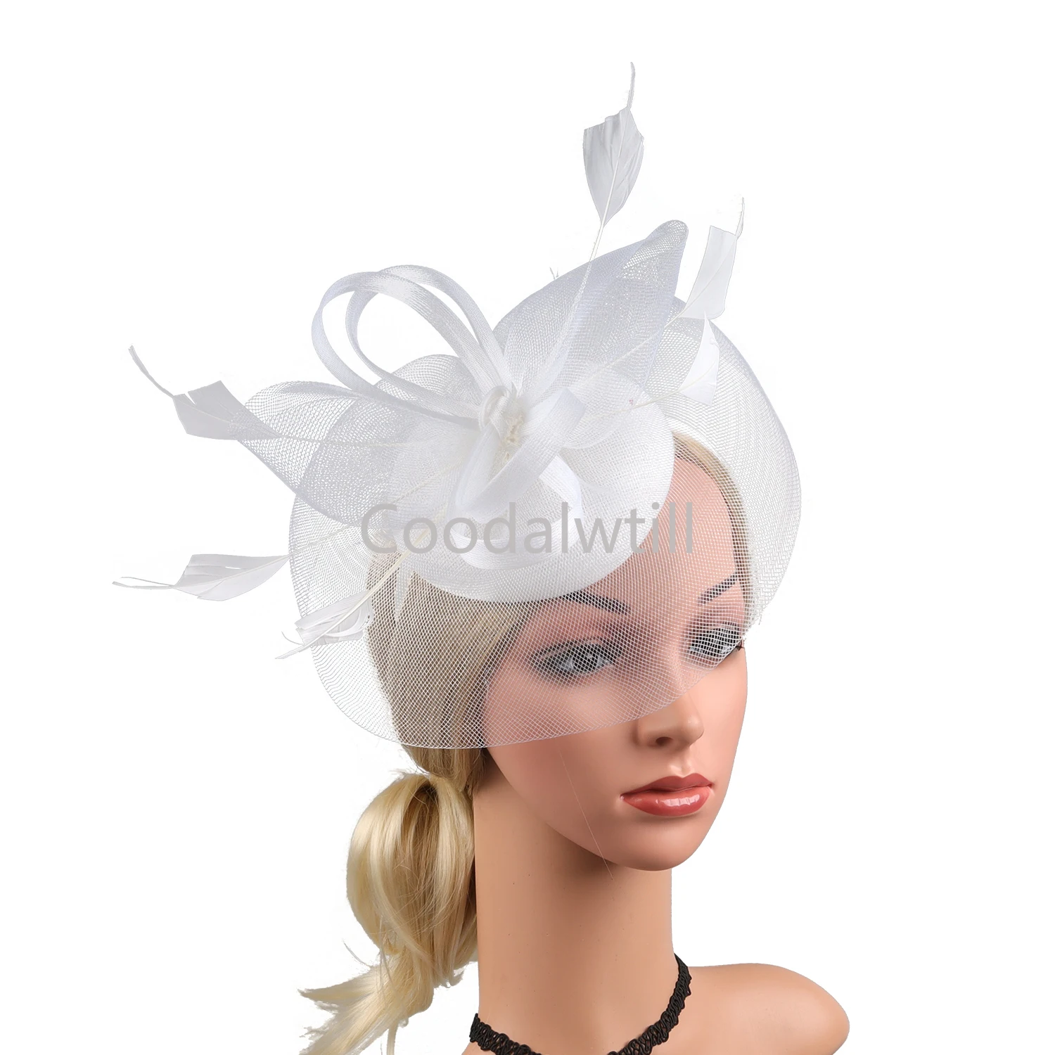 Women Mesh Veil Fascinator Hat Headband with Feather Flower Chapeau Cap with Clip Church Party Wedding Bridal Cocktail Headwear