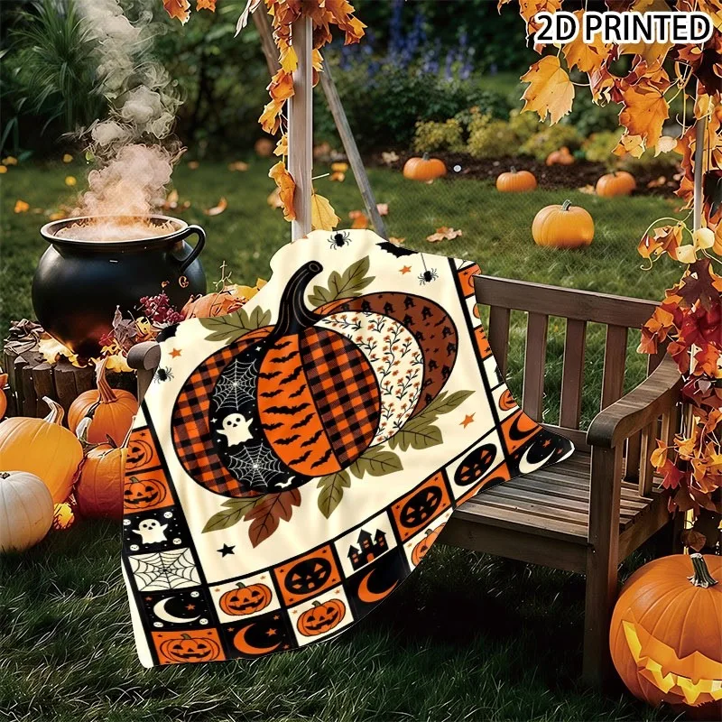 Retro Halloween Themed Throw Blanket with Patchwork Pumpkin Print, Classic Spooky Motifs Including Ghosts Bats & Castles, Cozy S