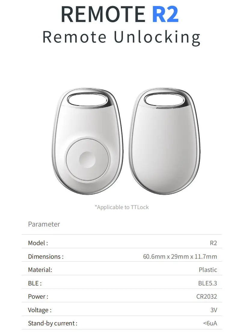 R2 Remote Control Key Fob For TTLock APP 2.4GHz Wireless Smart IC Lock Unlock Entry Release Key Button Anti-Loss 