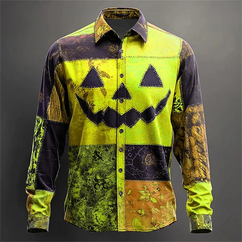 

New Halloween Costume Men's Ghost Face Patchwork Printed Shirt Vintage Button Long Sleeve Shirt Casual Outdoor Plus Size Top