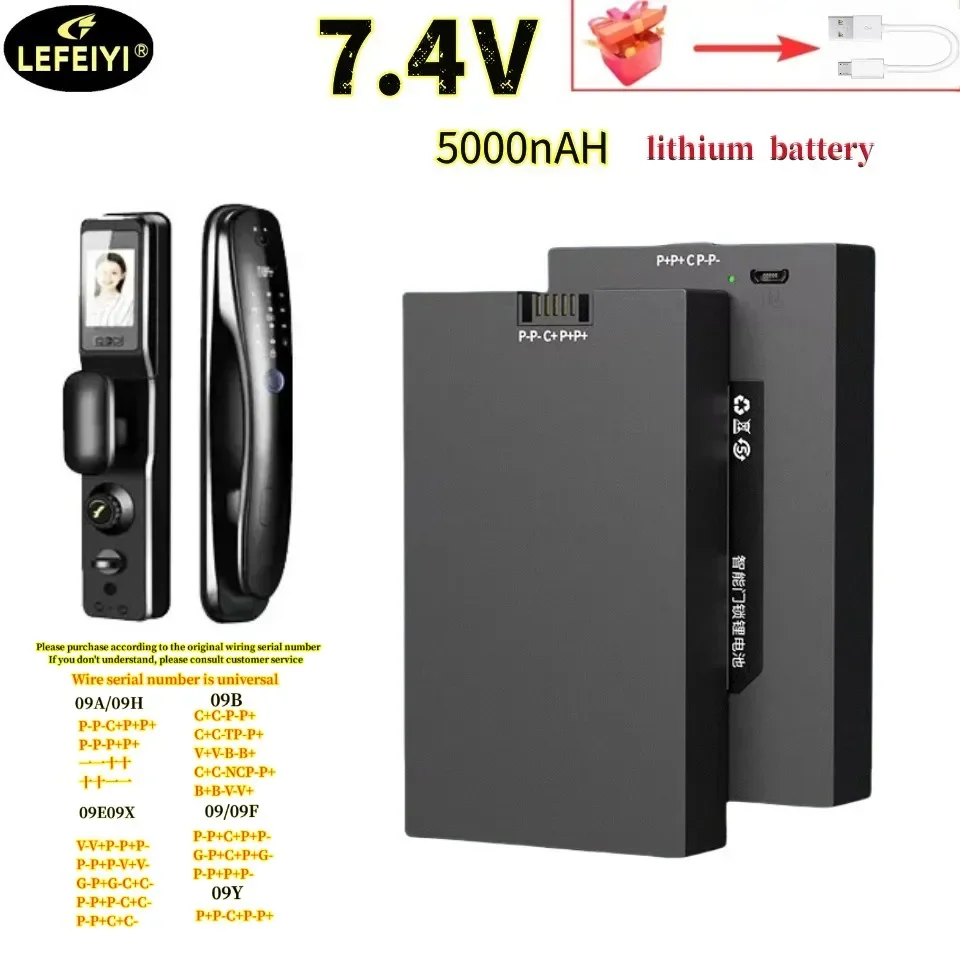 Batería de litio para cerradura de puerta inteligente de 7,4 V 5000 mAh: adecuada para cables de carga Xiaomi/Bosch/Haier/Konka, Cadiz, Seplo