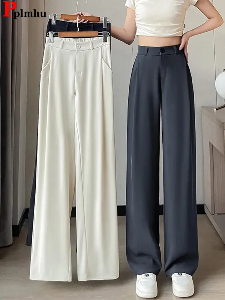 Women Formal Baggy Straight Suit Pants Office Elastic High Waist Loose Wide Leg Pantalones Korean Casual Classic Solid Ol Calca