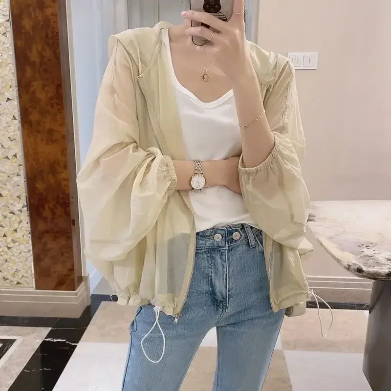 Women Summer Hooded Outwear Simple Solid Elegant Sun-proof Ladies Korean  Zipper Tops Jackets Batwing Sleeve Soft Fashion 2025