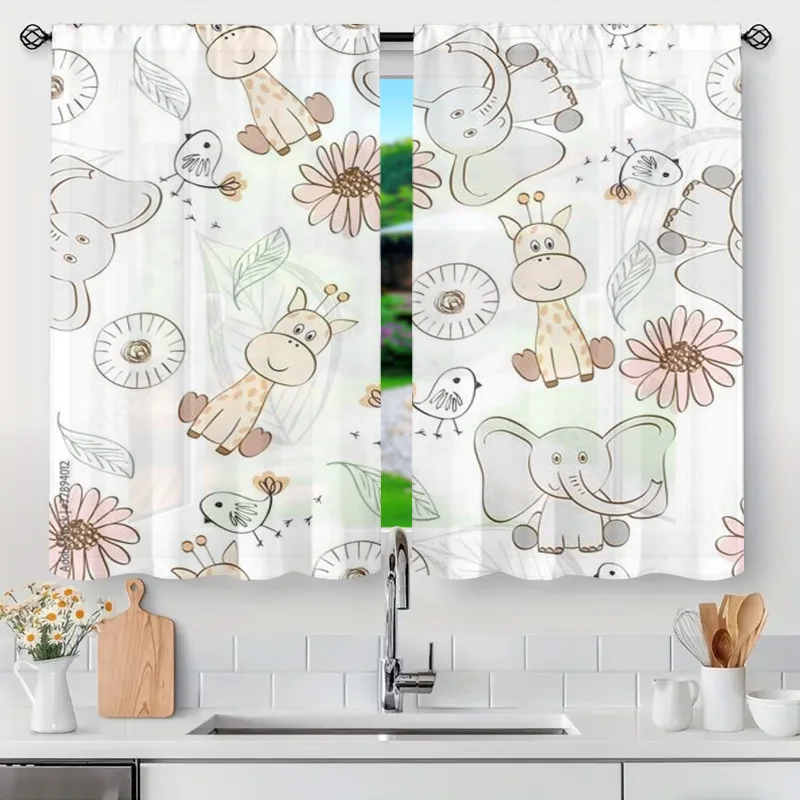Cute Kids Safari Cartoon Animal Print Curtains Semi Sheer Window Drapes Home Decor Nursery Jungle Tropical Elephant Giraffe Flow