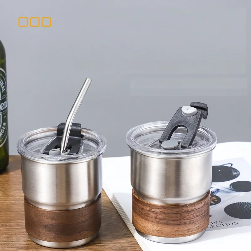 Travel Camping Steel Beer Coffee Cups 280ml Wood Sleeve for Heat Resistance Step Water Cup (no straw)