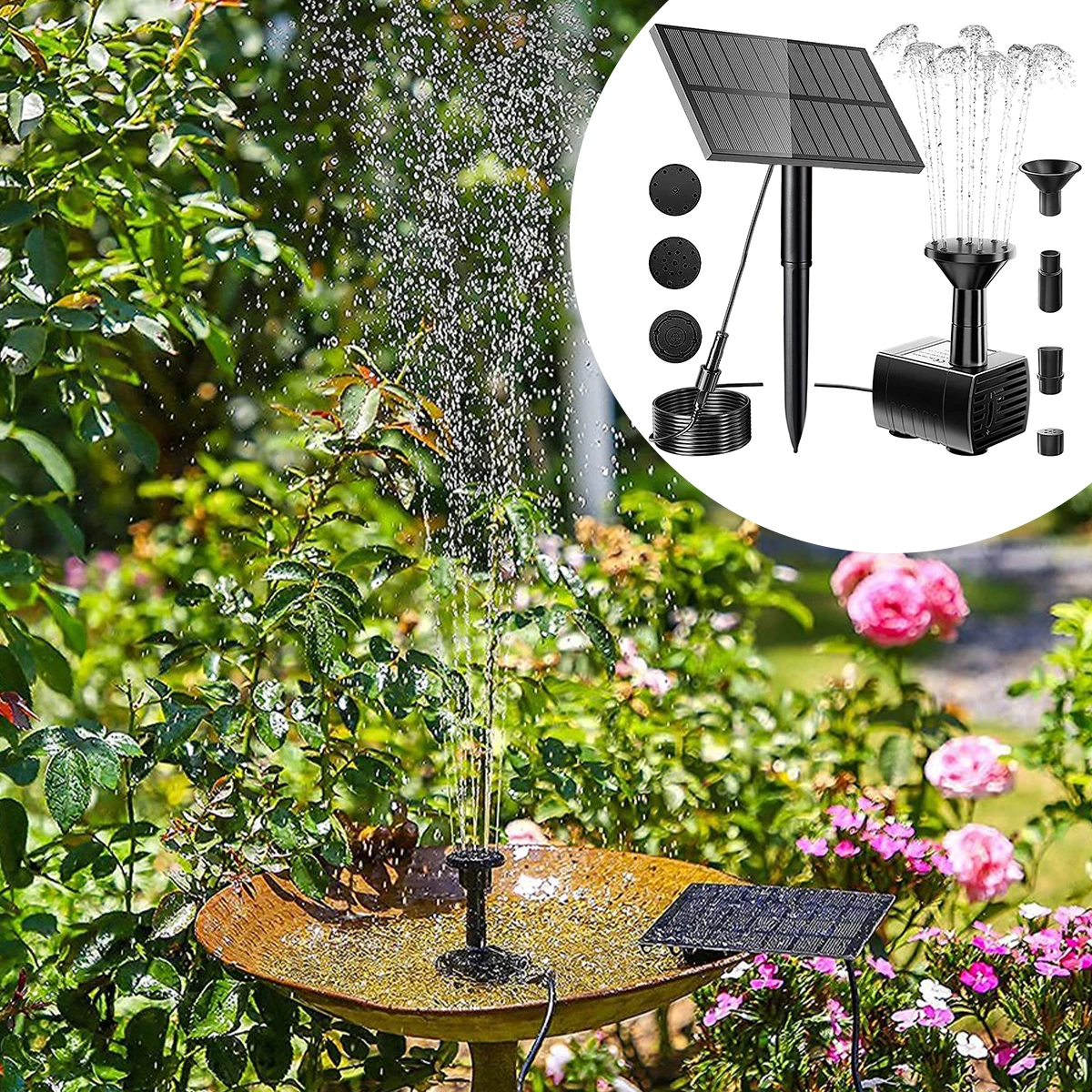 

Solar Fountain Pump Outdoor Solar Water Pump Kit with 2 Stakes 7 Nozzles Solar Water Fountain Pump with 1.5W Panel for Bird Bath