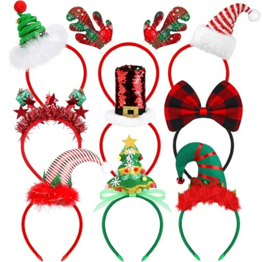 9 Pack Assortment Christmas Headbands New Year Party Toys Hats Costume Reindeer Santa Headbands for Xmas Holiday Party, 9 Style