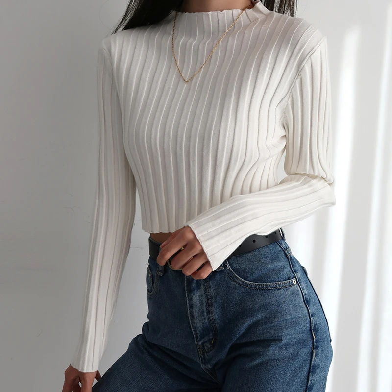 

American Retro Stand Collar Solid Color Simple Slim Fit Fashion Short Knitted Long-sleeved Sweater One Size