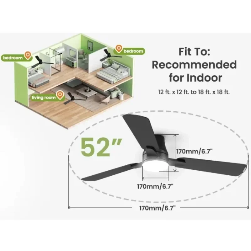 52" Lighted Ceiling Fan: 6-Speed ​​Modern Ceiling Fan with Remote, Flush Mount, Reversible DC Motor for Indoor and Outdoor Use