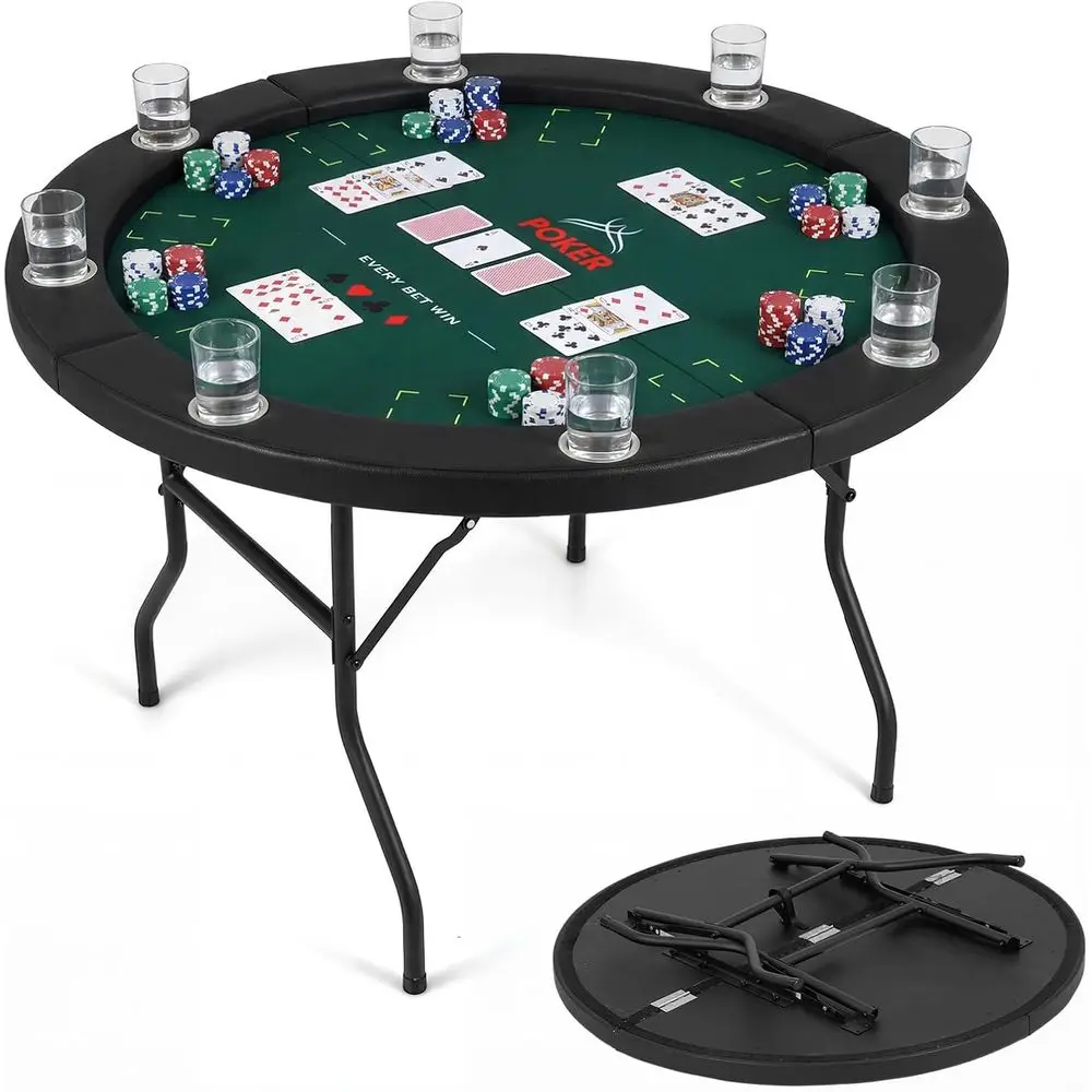 

8-Player Green Round Poker Table with Metal Legs, Cup Holders for Casino-Style Texas Hold'em, Blackjack, and Family Games