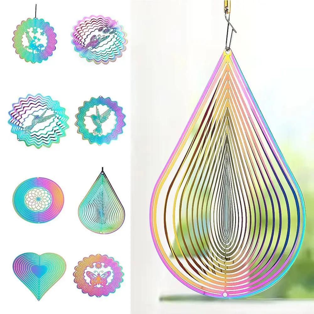 3D Gradient Color Wind Spinner Catcher Bird Deterrent Dynamic Wind Chime Flowing Light Effect Pendant Garden Yard Hanging Decor