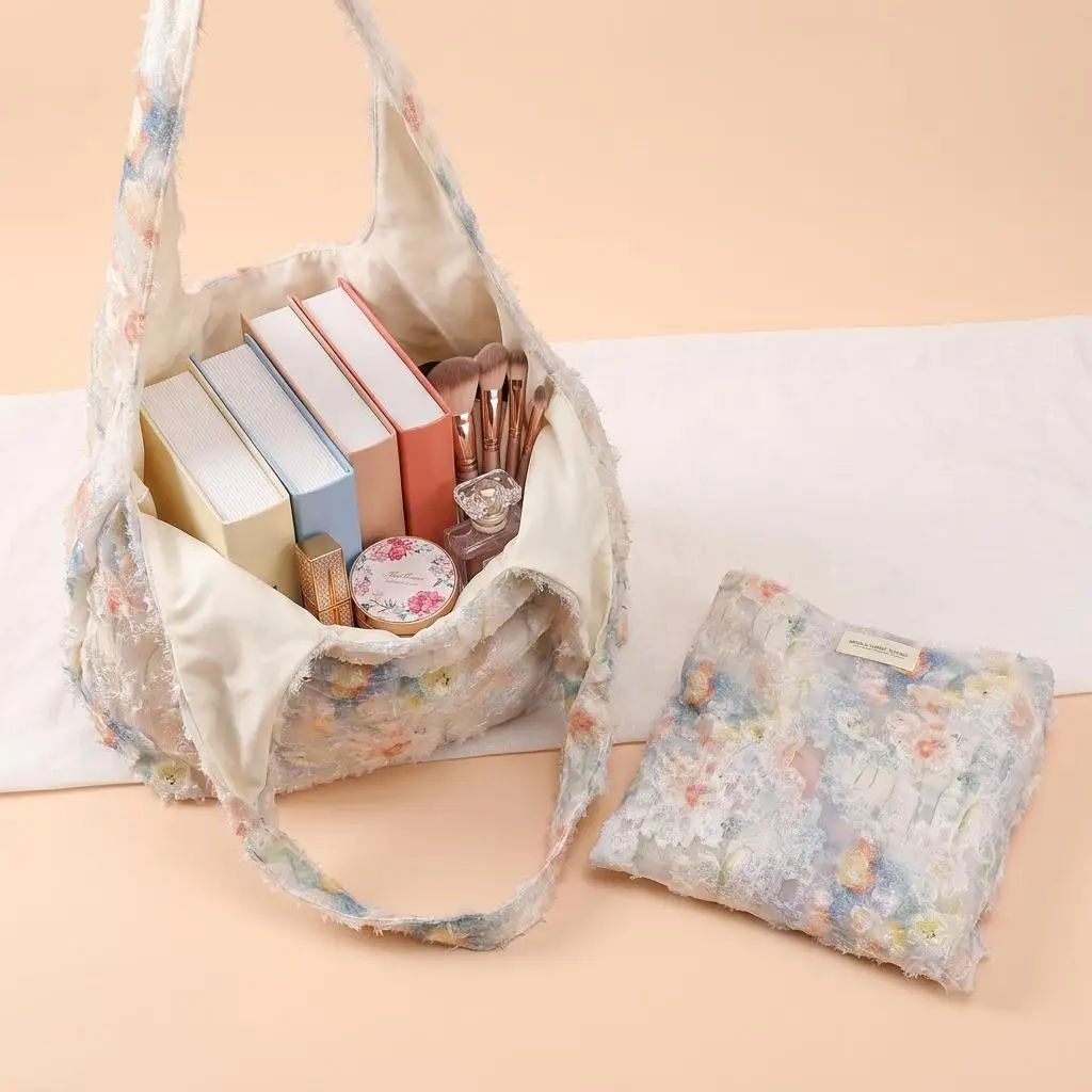Aesthetic Floral Tote Bag Lightweight Jacquard Texture Shoulder Pouch Romantic Soft Canvas Handbag Casual Travel Shopper