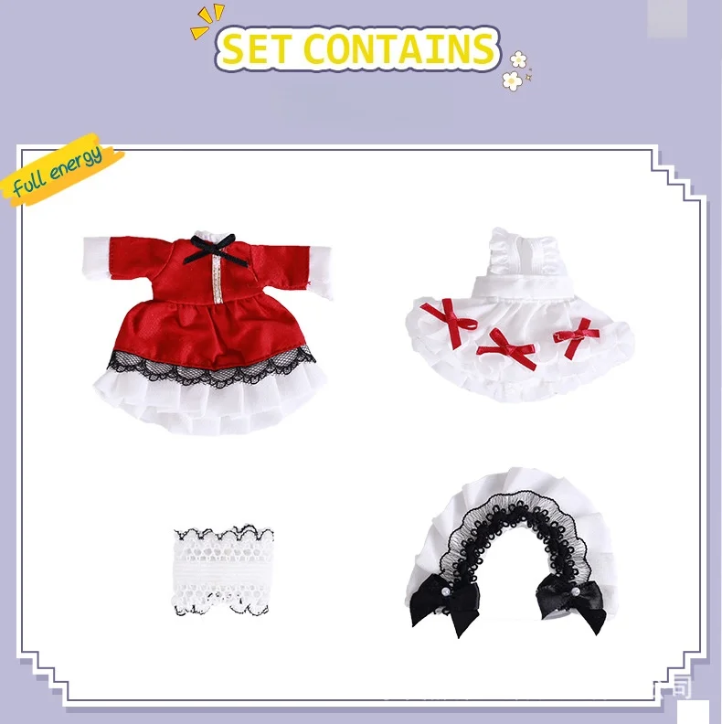 Obitsu 11 Clothes Gothic Lace Maid Tiered Apron Lolita Sweet Dress with Frill Bonnet Hairband Bow Decor Cafe Cosplay Doll Outfit
