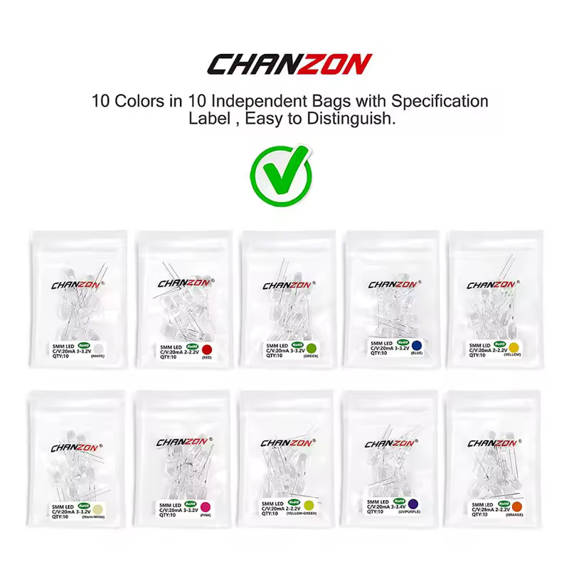 100pcs 5mm LED Diode Ultra Bright Warm White Red Green Blue UV Purple Yellow Orange Pink Multicolor 2V 3V Emitting Assortedt Set - Image 3