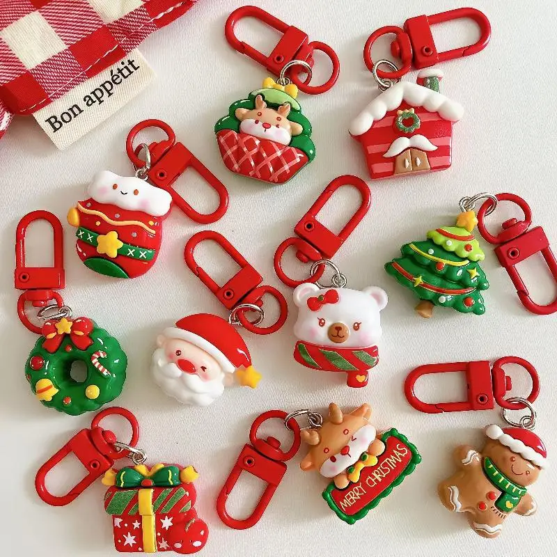 10/20Pcs Cute Christmas Cartoon Keychain Santa Claus Gingerbread Man Pendant Key Ring Backpack Bag Charm Holiday Gift Supply