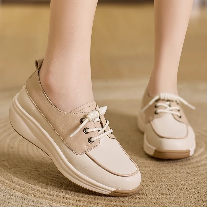 Plus Size 44 Women Fashion Platform Loafers Spring Comfortable Soft-Soled Lace Up Wedge Casual Shoe Zapatos Mujer Women Sneakers
