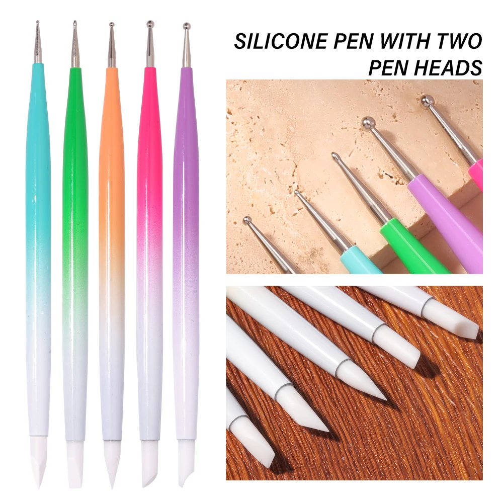 YIKOOLIN 5PCS Dual-Head Nail Art pennello in Silicone punteggiatura penna Set Nail Art punteggiatura suggerimenti per la pittura strumenti per Manicure pennello penna arte