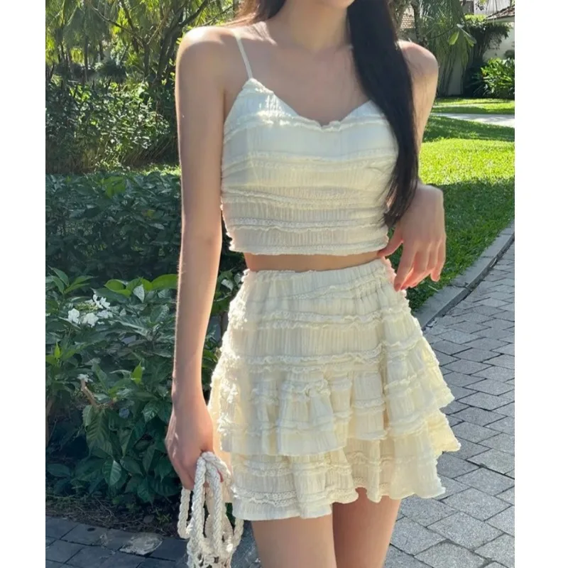 

Summer Lace Trim Pleated Skirt And Tank Top Set Women's Faion f-length ort Skirt with Elastic Waist Lace Detailing