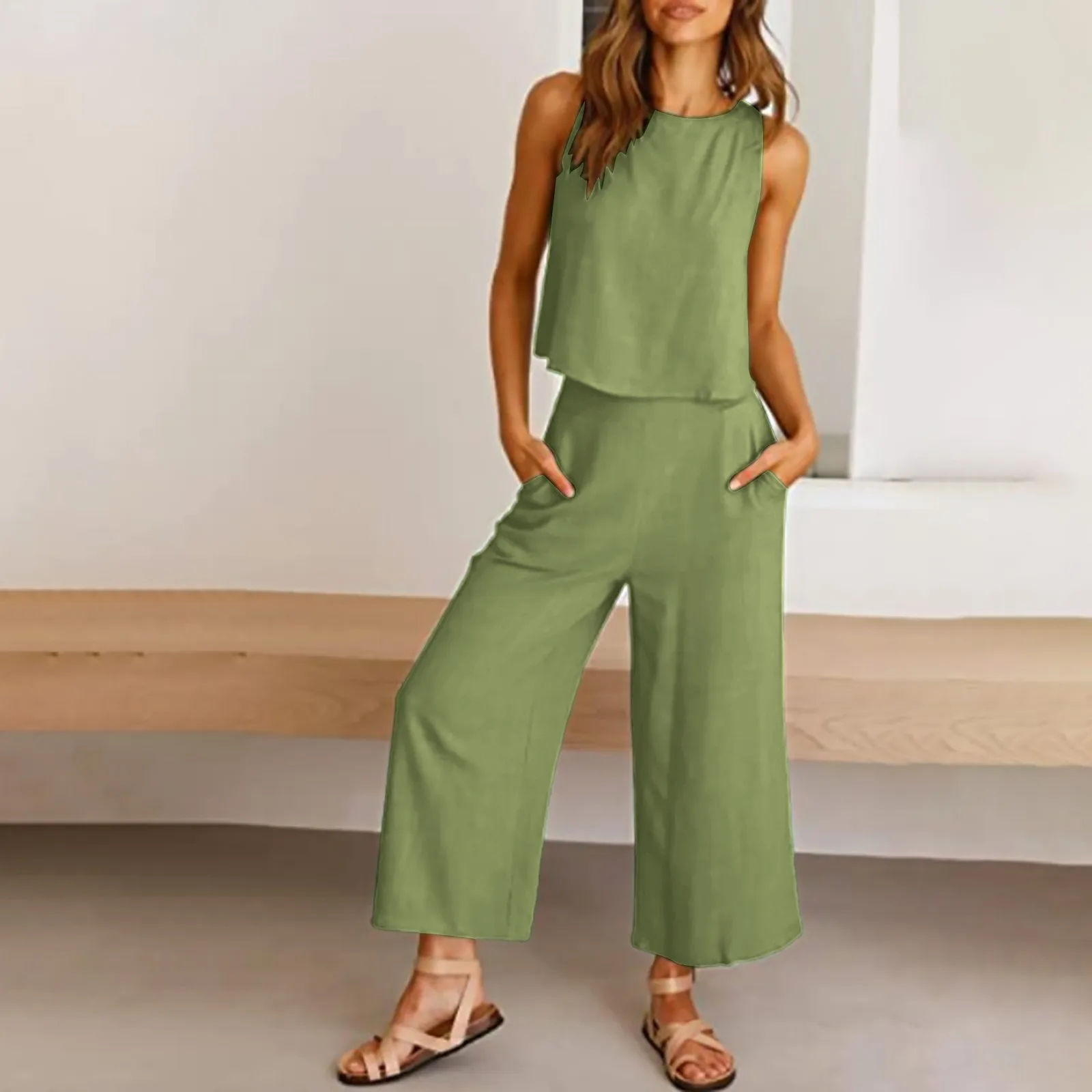 Women Suit Fashion Comfortable Cotton Linen Vest And Long Pants Solid Color Top and Loose Wide Leg Trousers Pockets Set Suit